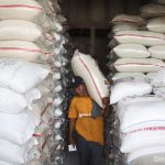 Seorang pekerja sedang mengangkut beras di Pasar Induk Beras Cipinang